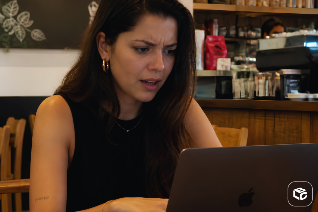 Mulher jovem consultando precatório online em laptop