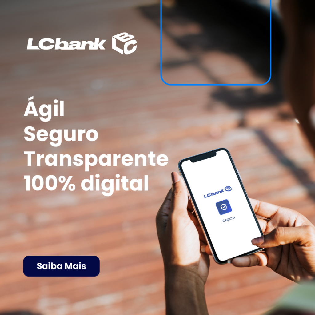 Logo LCbank e texto "Ágil Seguro Transparente 100% digital" em celular