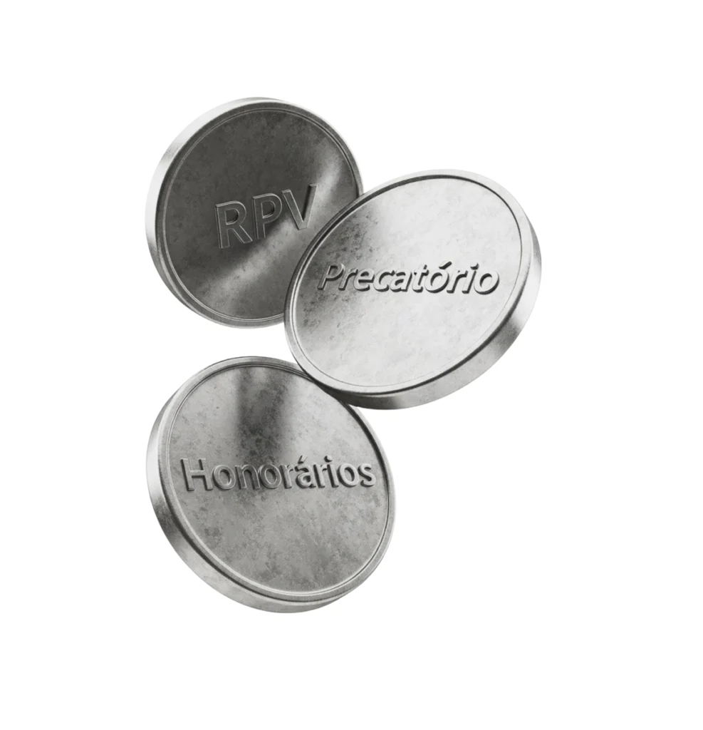 Moedas com RPV, Precatório e Honorários, representando finanças e pagamentos.